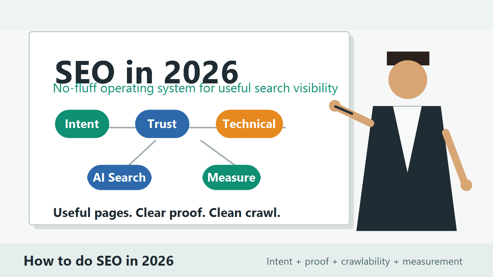 Professional whiteboard illustration for SEO in 2026 with intent, trust, technical SEO, AI Search, and measurement