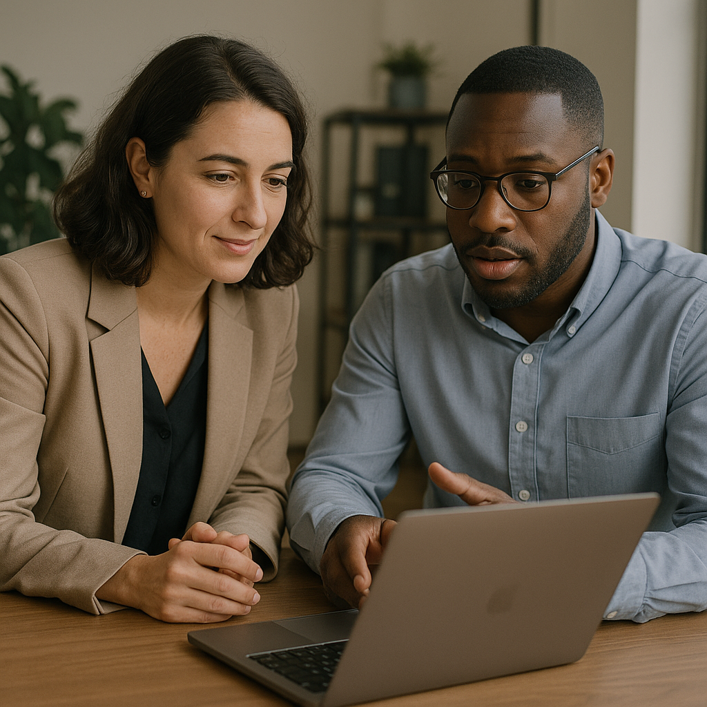 A marketing consultant and small business owner reviewing a website on a laptop in an office