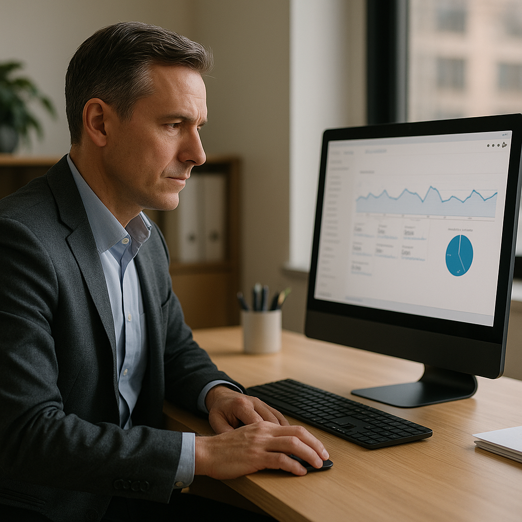 A business manager reviewing website analytics on a desktop computer at a tidy desk